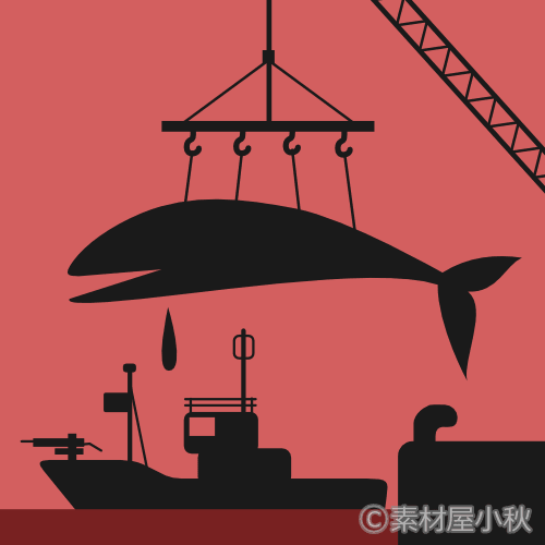血の滴るクジラと捕鯨船